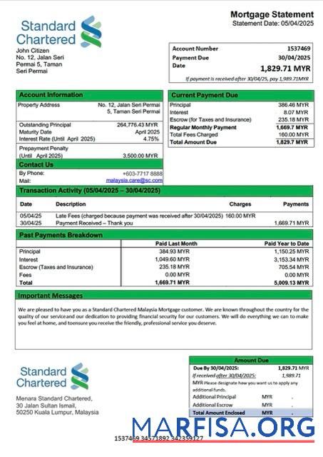 Blank Malaysia Standard Chartered Malaysia mortgage statement Word and PDF template